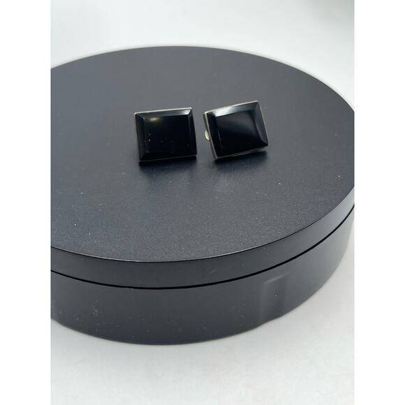 Rectangle Black Glass and 925 Mexico Sterling Silver Clip on Earrings - Picture 15 of 16